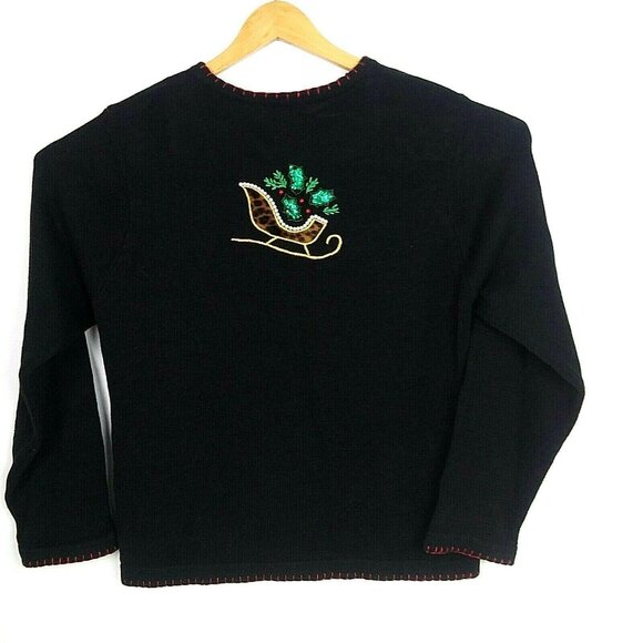 Vtg Christmas Cardigan Sweater Black Beaded BP Design L Grannycore Chic Holiday - Picture 2 of 12